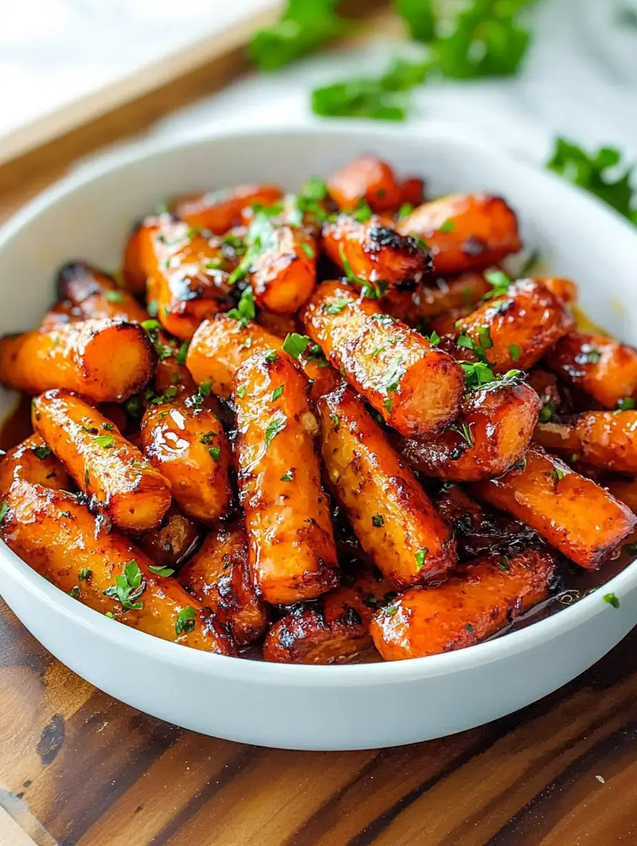 Un bol de carottes rôties glacées garnies de persil frais.