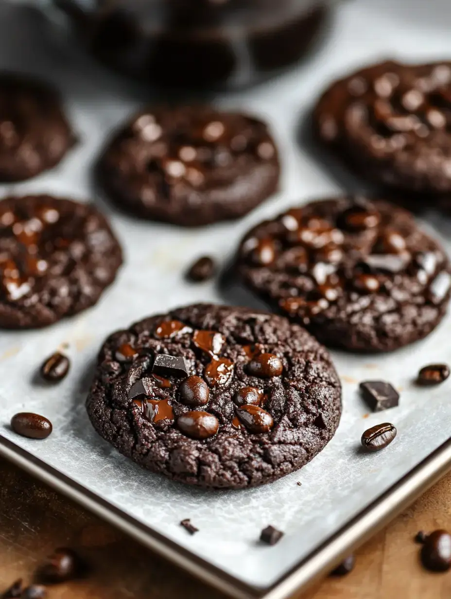 Gros plan de biscuits au chocolat fraîchement cuits garnis de pépites de chocolat et de grains de café entiers sur un plateau recouvert de papier sulfurisé.