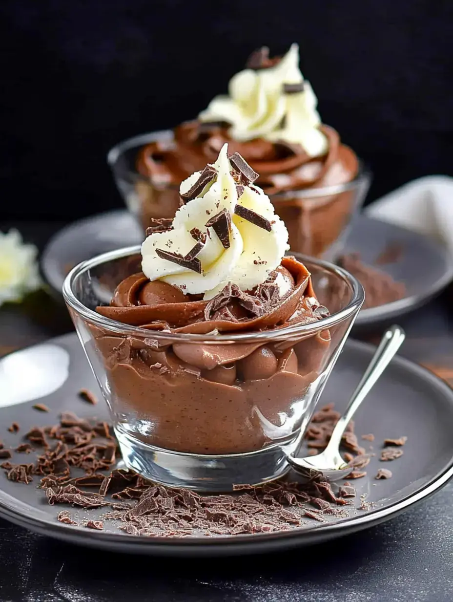 Un gros plan de deux verres remplis de mousse au chocolat, garnis de crème fouettée et de copeaux de chocolat sur fond sombre.