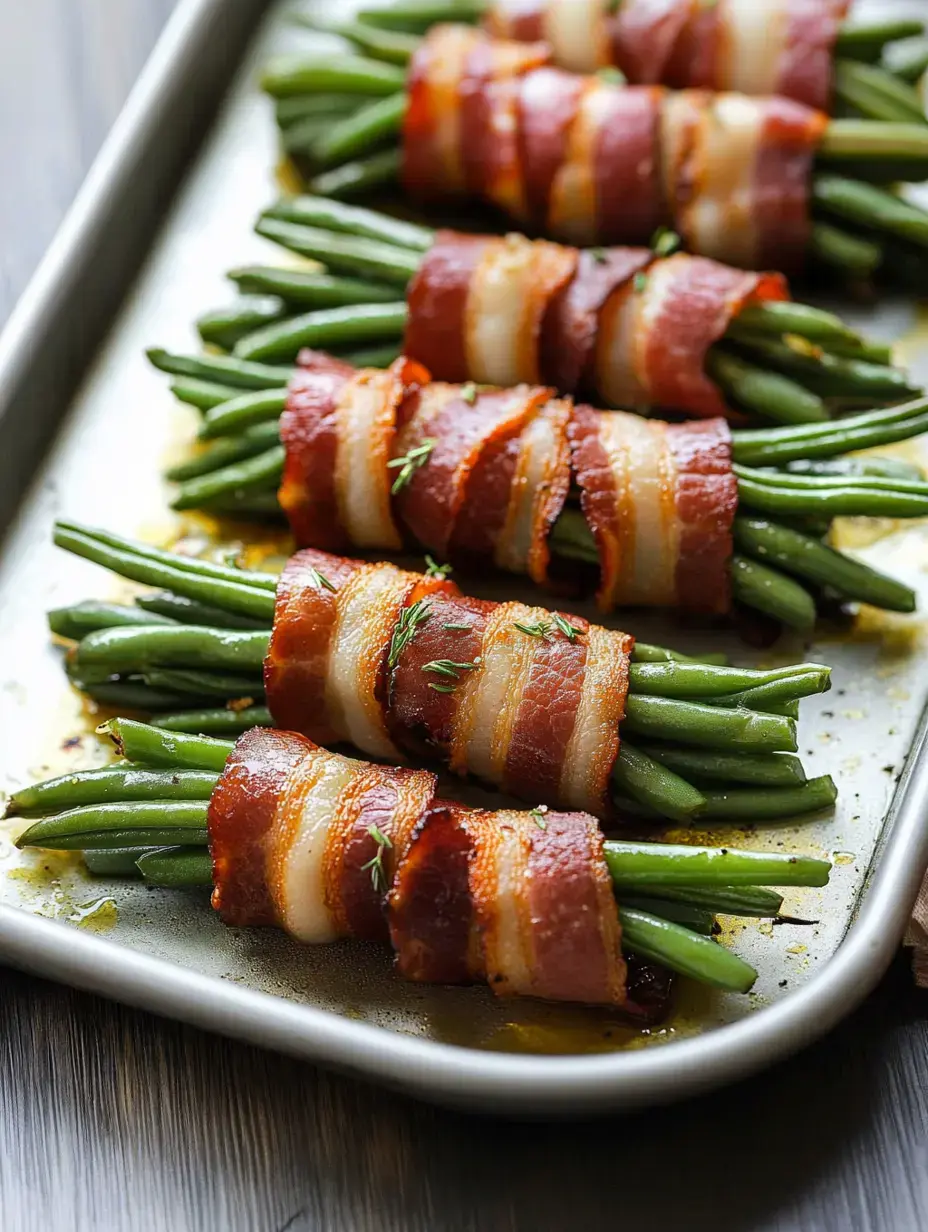Un plateau de haricots verts enveloppés dans des tranches de bacon, assaisonnés et disposés soigneusement.