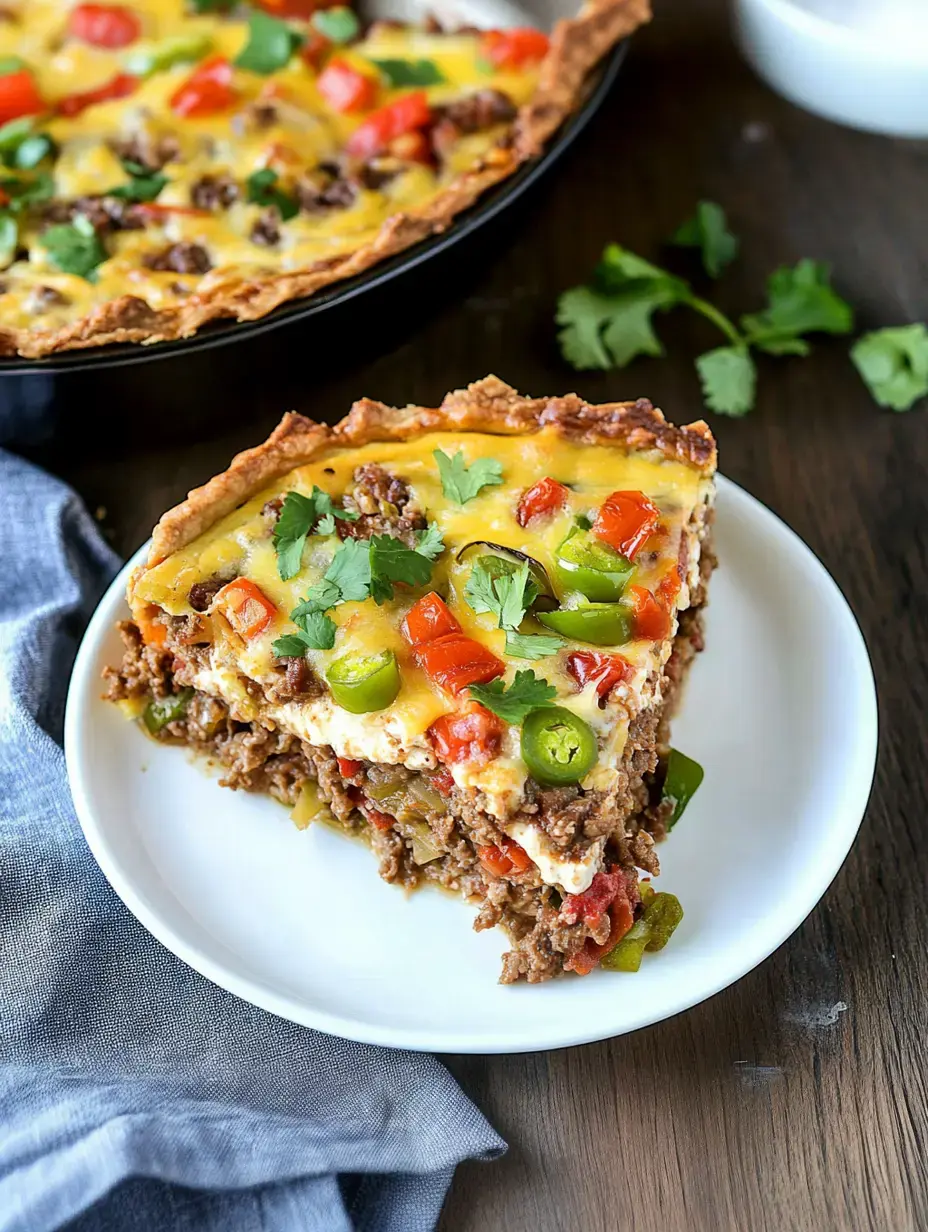 Une part de tarte en couches de viande et légumes, garnie de fromage et de coriandre fraîche, servie sur une assiette blanche avec la tarte entière en arrière-plan.