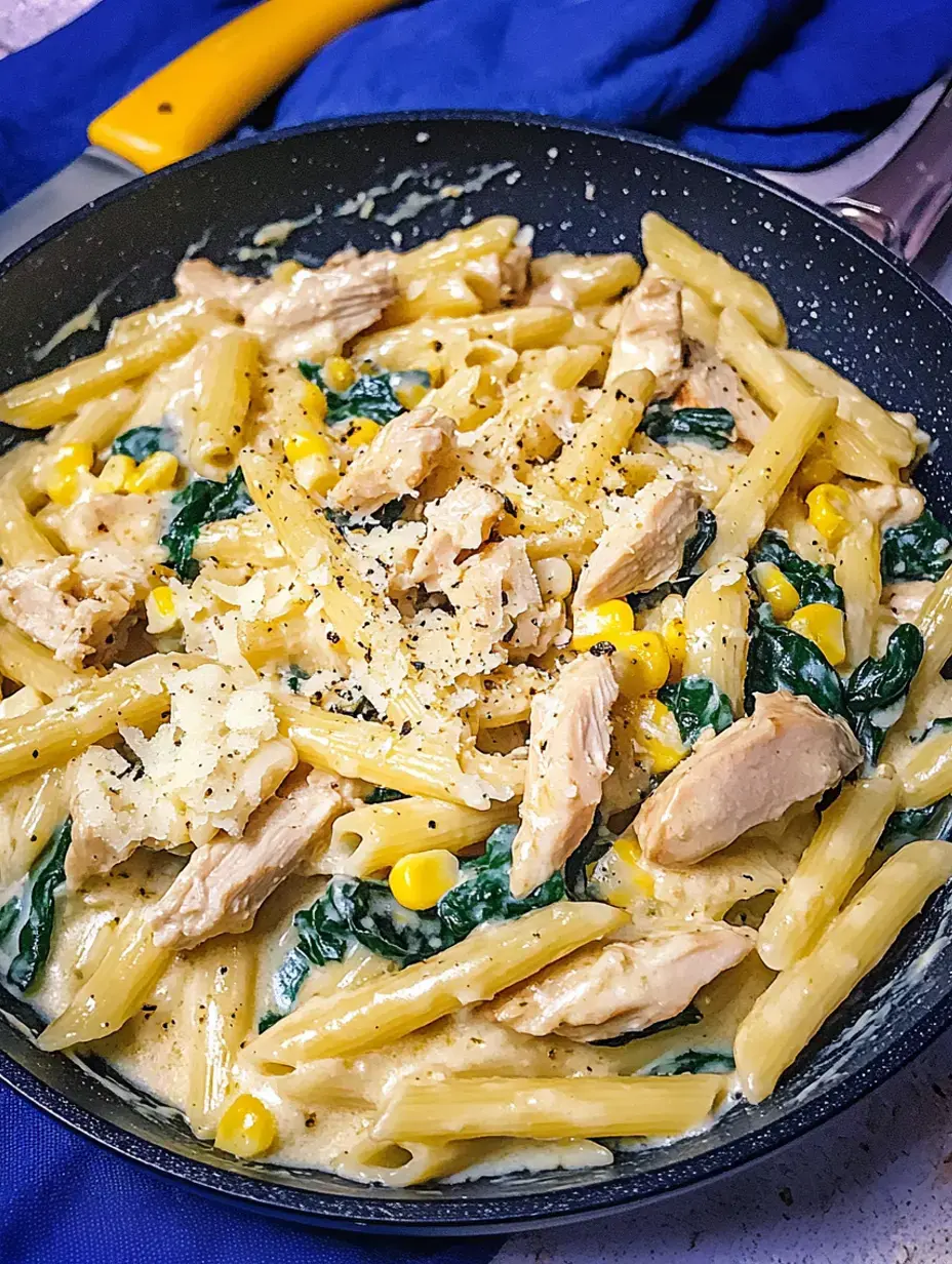 Une poêle remplie de pâtes crémeuses mélangées avec du poulet, des épinards et du maïs, garnie de fromage râpé et de poivre noir.