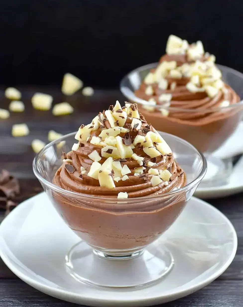 Deux coupes à dessert remplies de mousse au chocolat garnies de copeaux de chocolat blanc et de boucles de chocolat noir, sur une surface en bois.
