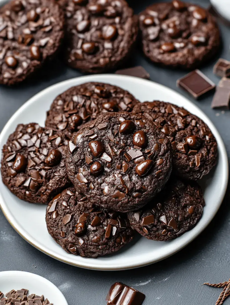 Une assiette de biscuits au chocolat noir garnis de pépites et morceaux de chocolat, entourés de morceaux de chocolat éparpillés.