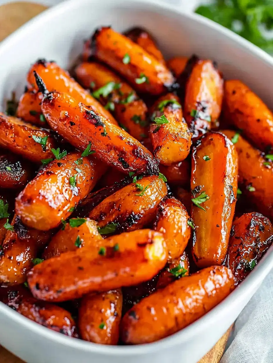 Un gros plan de mini-carottes rôties et glacées garnies de persil dans un plat blanc.