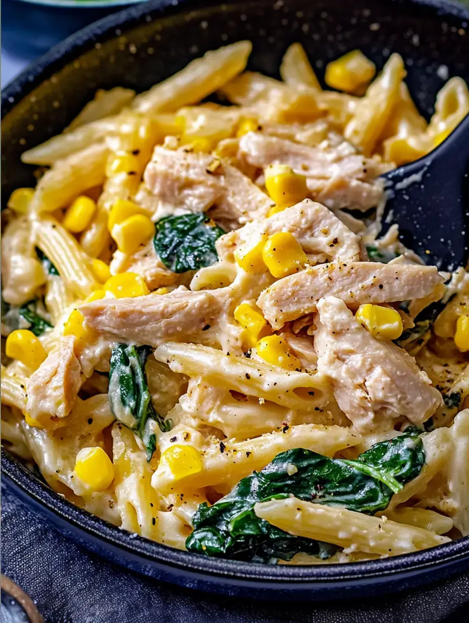 Un gros plan d'un plat de pâtes crémeuses avec des penne, du poulet effiloché, du maïs et des épinards, garni de poivre noir.