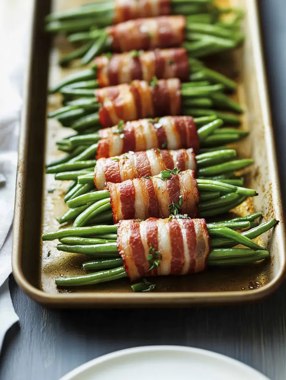 Un plateau de haricots verts enveloppés dans du bacon croustillant, garnis d'herbes.