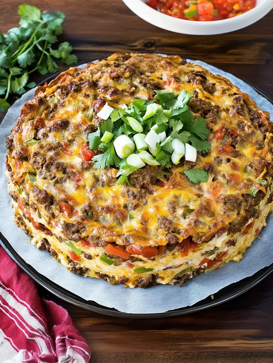 Une casserole en couches garnie d'oignons verts et de coriandre, servie avec un bol de salsa, sur une table en bois.