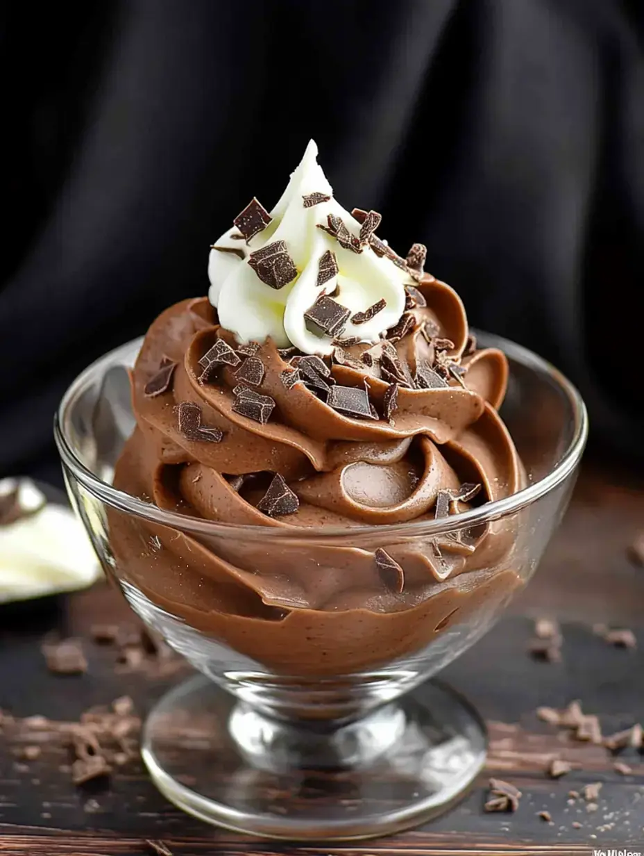 Un plat en verre rempli de mousse au chocolat tourbillonnante garnie de crème fouettée et de copeaux de chocolat.