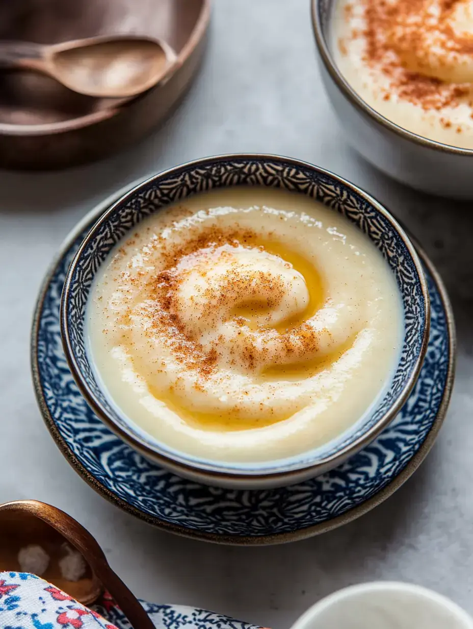Un bol de dessert crémeux garni de cannelle posé sur une assiette décorative, accompagné d'une cuillère en bois et d'un tissu coloré.