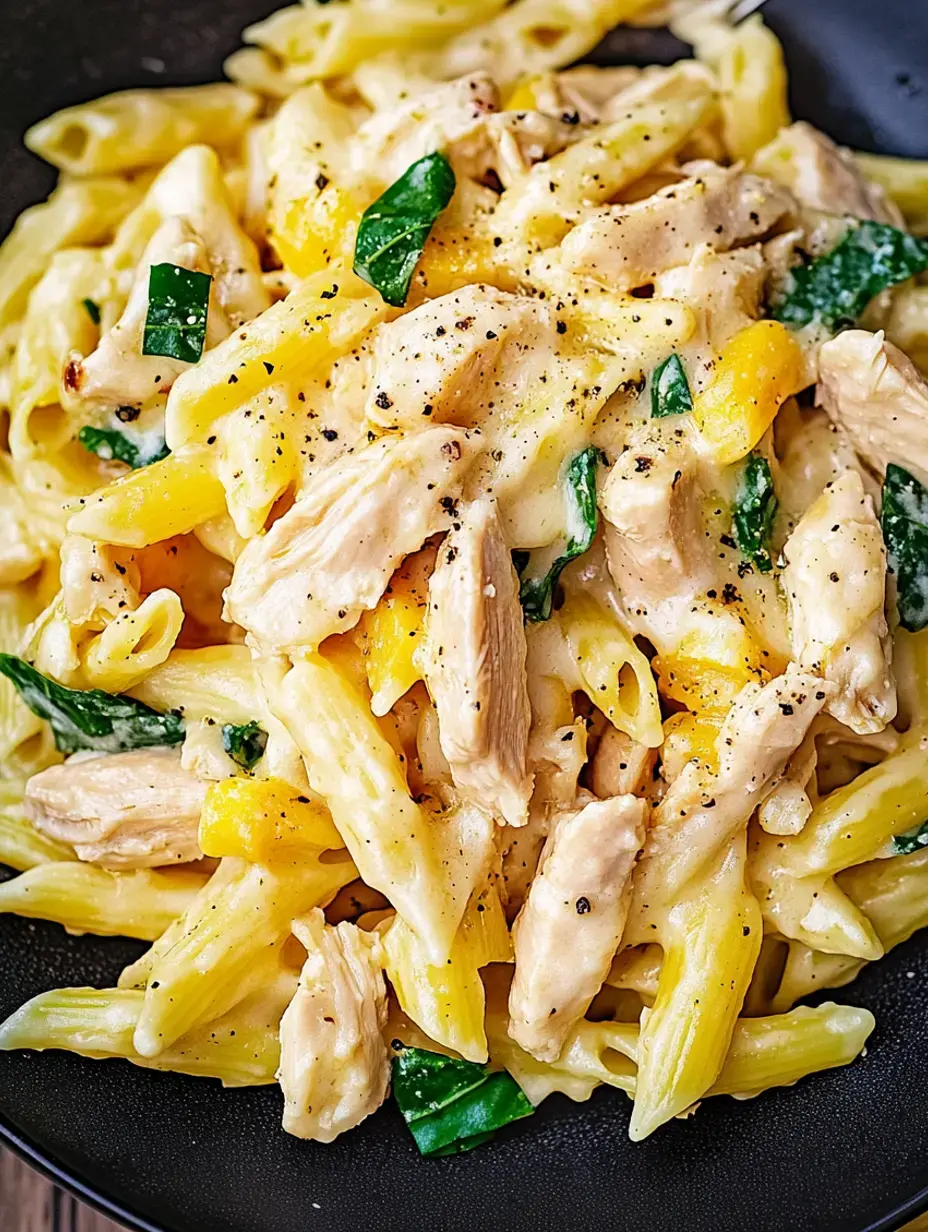 Un gros plan de pâtes crémeuses avec des penne, des morceaux de poulet et des épinards, garni de poivre noir sur une assiette sombre.