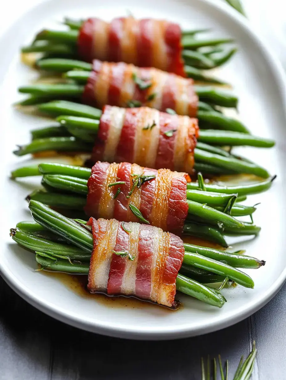 Une assiette de haricots verts enveloppés dans du bacon croustillant, garnis d'herbes.