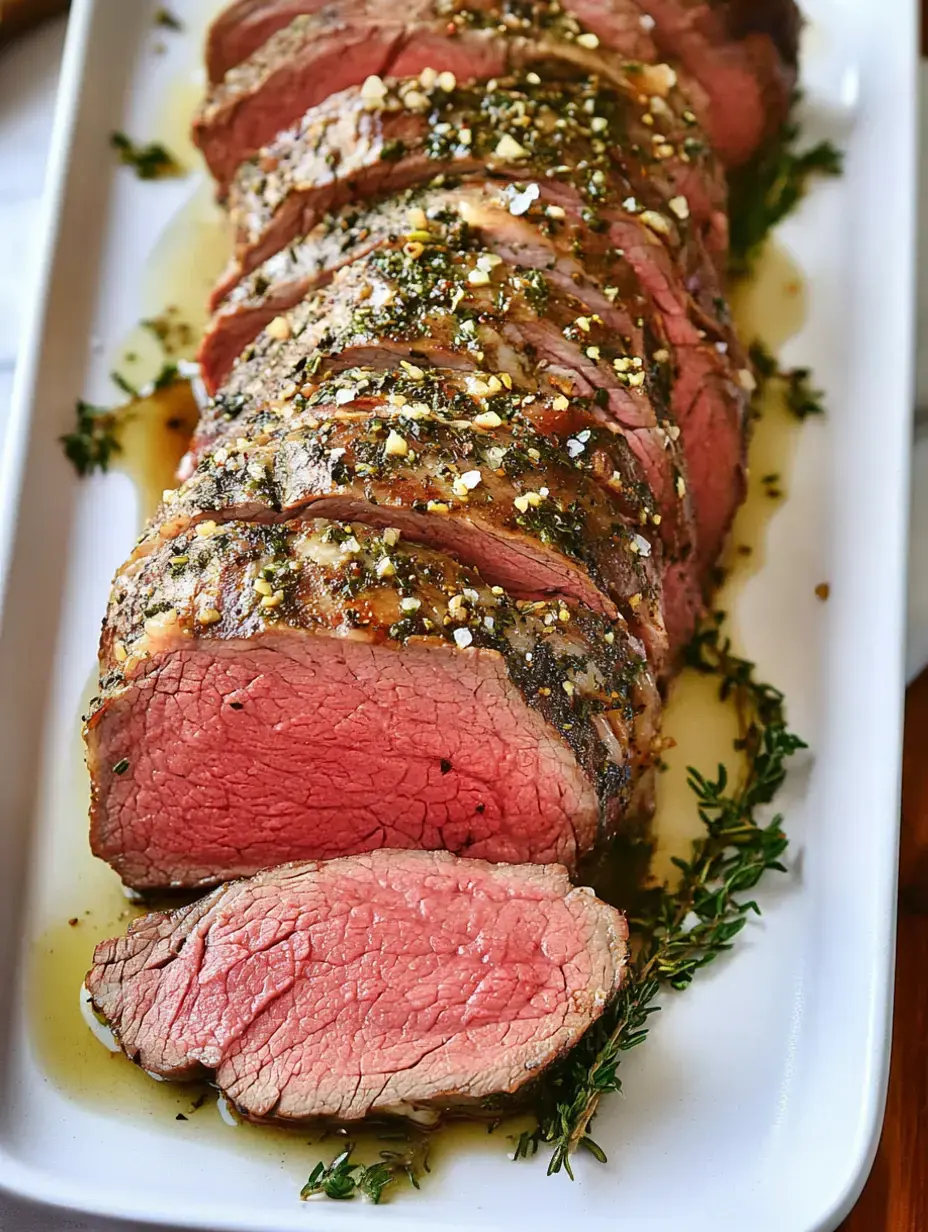 Un rôti de bœuf magnifiquement présenté, tranché et garni d'herbes et d'assaisonnements, montrant un intérieur rose et juteux.