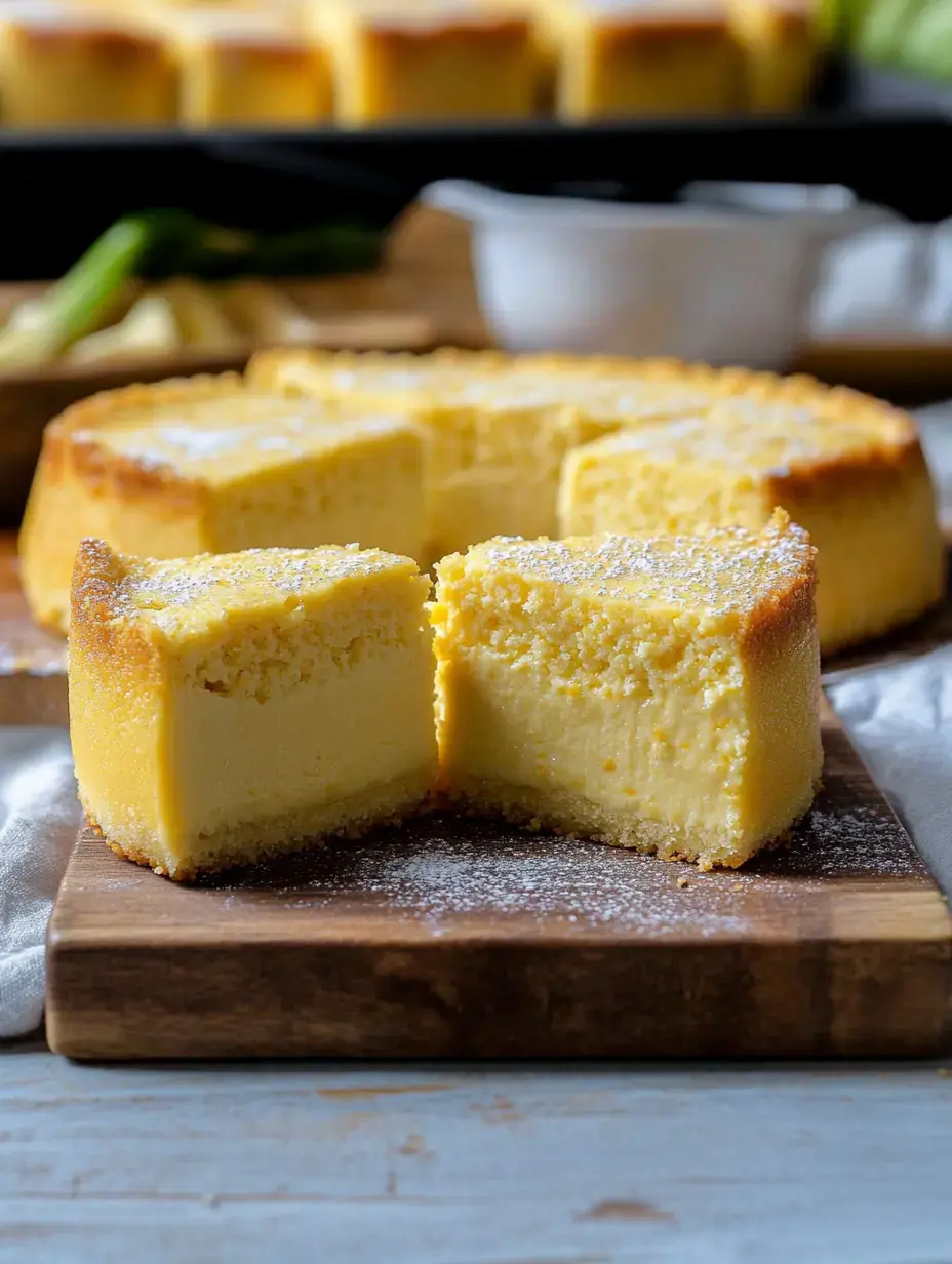Une part de cheesecake crémeux, saupoudrée de sucre glace, posée sur une planche en bois avec d'autres morceaux de cheesecake en arrière-plan.
