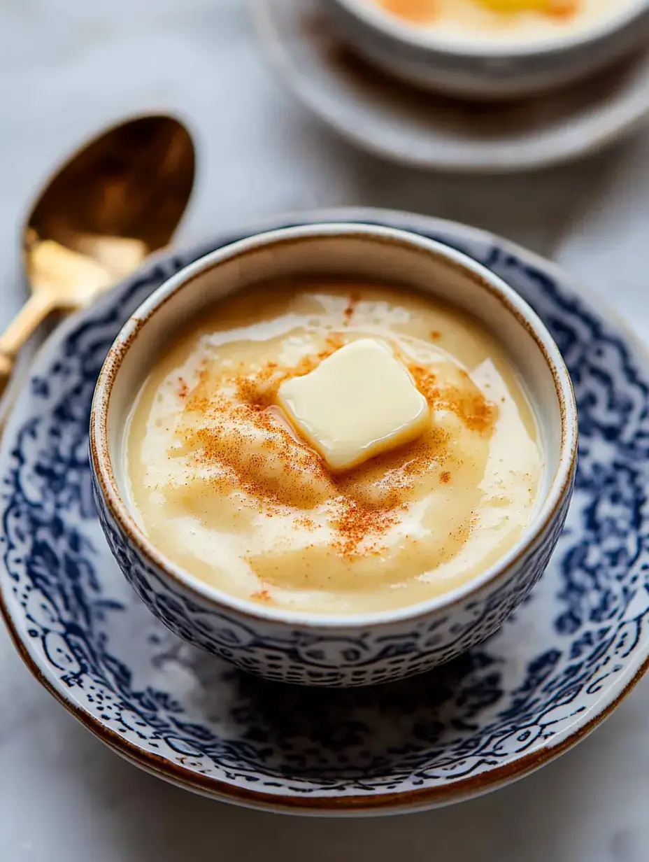 Un bol de purée de pommes de terre crémeuse avec un morceau de beurre et une pincée de paprika, placé sur une assiette décorative bleue et blanche.