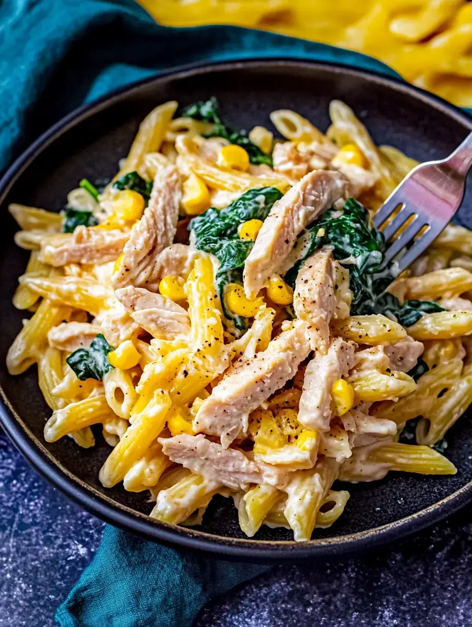 Un gros plan d'un bol de pâtes crémeuses mélangées avec du poulet effiloché, des épinards et du maïs, garni de poivre noir.