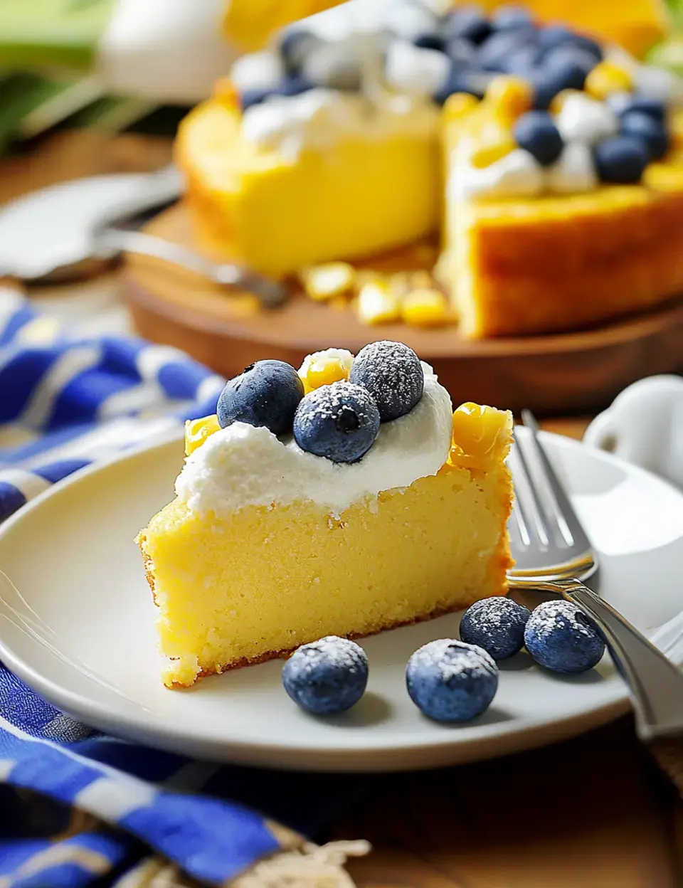 Une part de gâteau jaune moelleux garnie de crème fouettée et de myrtilles, servie sur une assiette avec des myrtilles supplémentaires à côté.