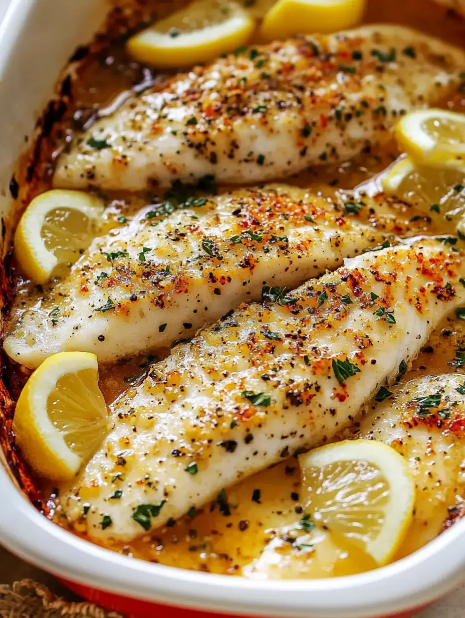 Filets de poisson cuits au four garnis de tranches de citron et d'herbes disposés dans un plat blanc.