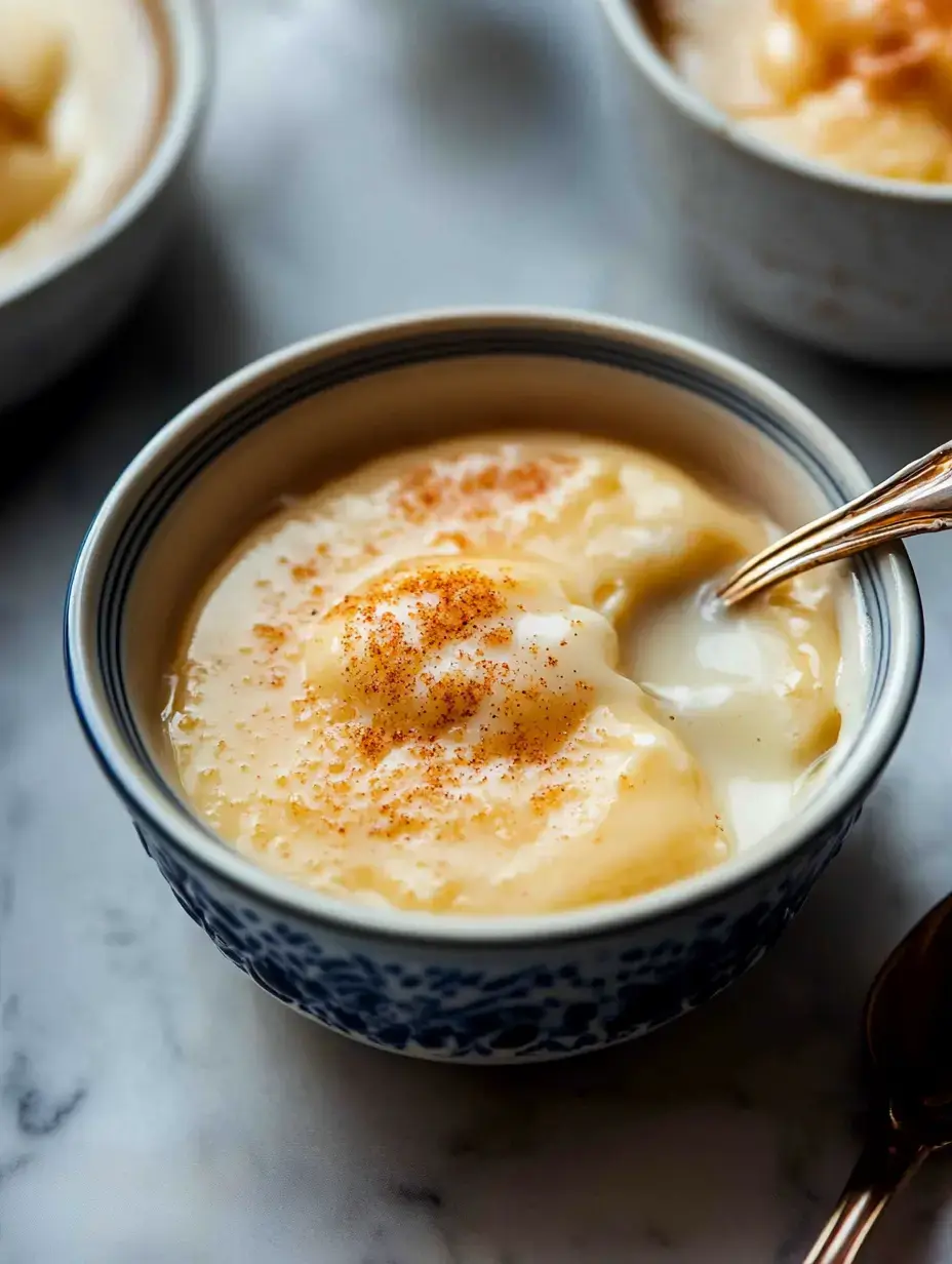 Gros plan d'un bol de dessert crémeux saupoudré de cannelle, avec une cuillère dorée posée à côté.