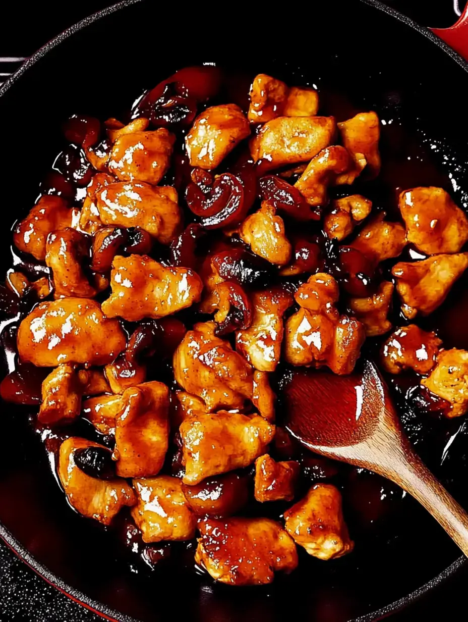 Un gros plan de morceaux de poulet cuits dans une sauce brune brillante, garnis de champignons foncés, dans une poêle noire avec une cuillère en bois.