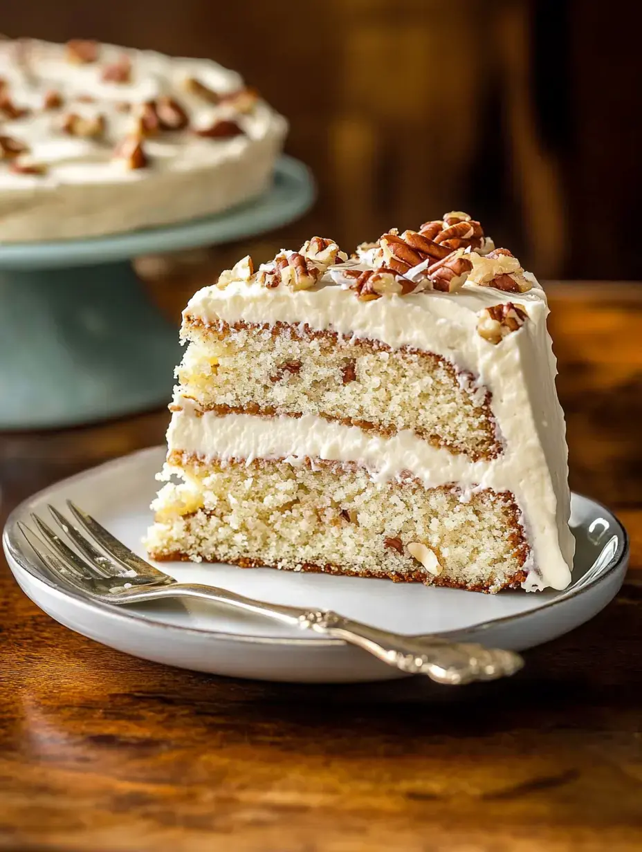 Une part de gâteau multicouche avec glaçage crémeux et noix de pécan sur le dessus, servie sur une assiette avec une fourchette.