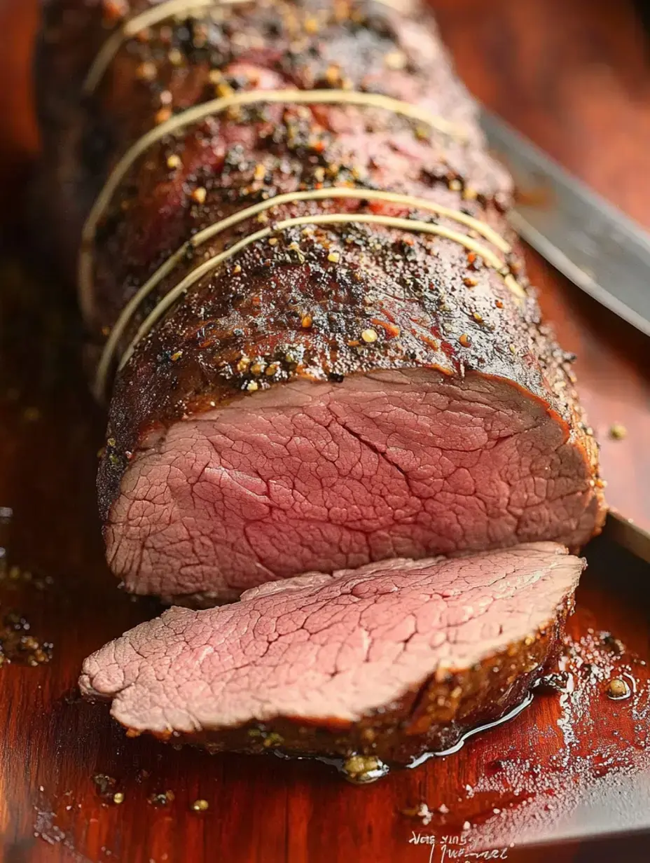 Un rôti de bœuf parfaitement cuit et tranché, garni d'épices et présenté sur une planche à découper en bois.