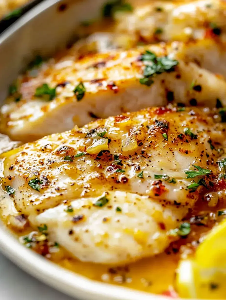 Gros plan de filets de poisson tendres garnis d'herbes et arrosés d'une sauce dorée.