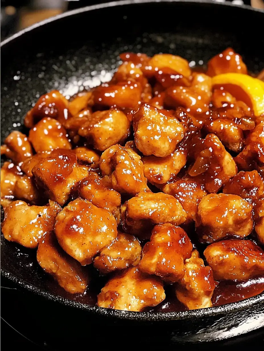 Un gros plan de morceaux de poulet cuits glacés dans une sauce brune brillante, garnis d'une tranche d'orange, dans une poêle noire.