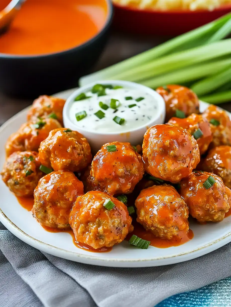 Une assiette de boulettes épicées nappées de sauce, accompagnées d'un bol de sauce ranch et de bâtonnets de céleri.