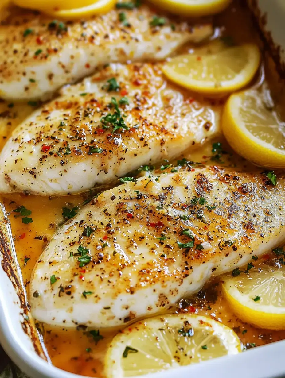Filets de poisson cuits garnis d'herbes et entourés de tranches de citron dans une sauce savoureuse.
