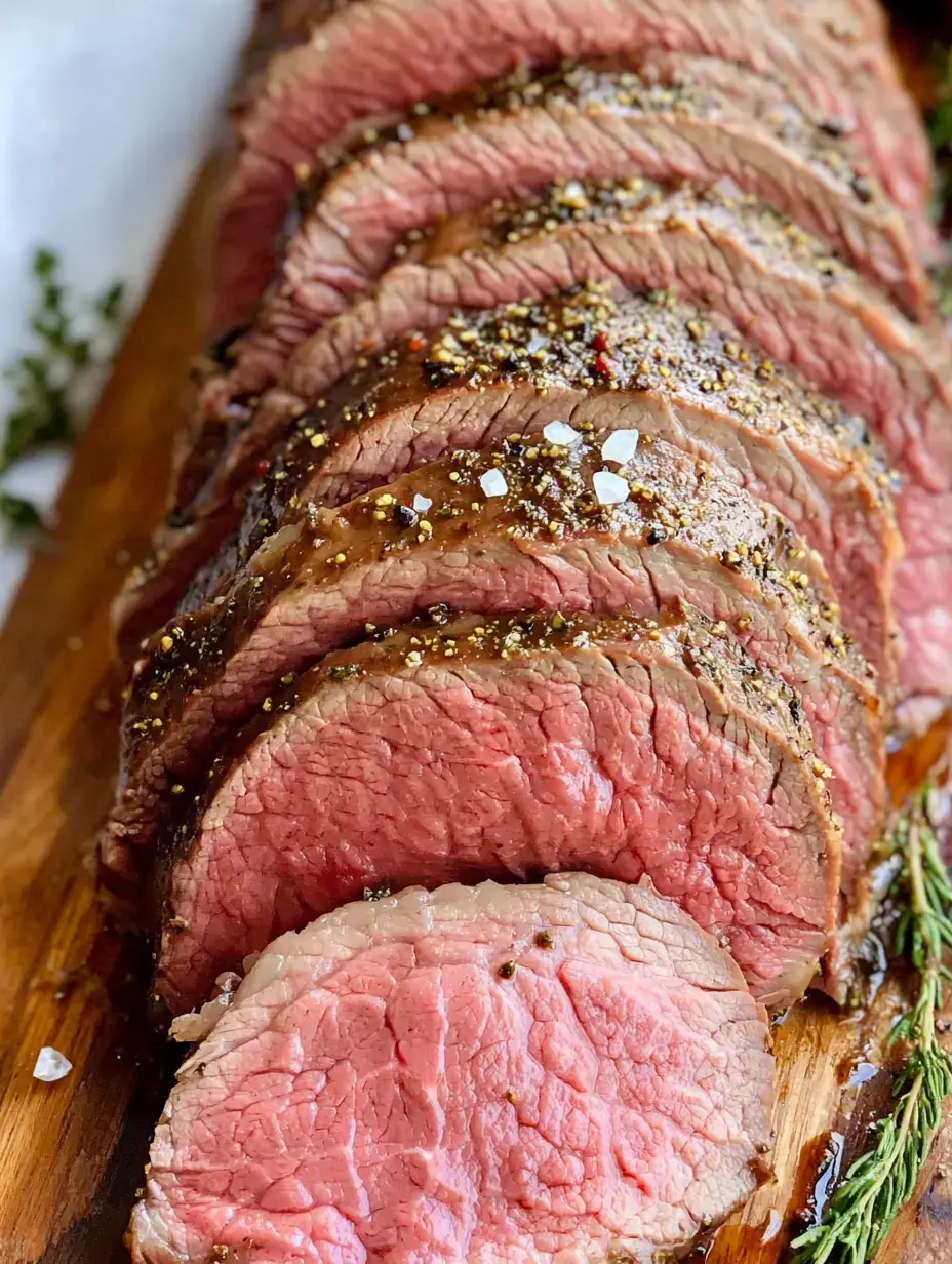 Tranches de rôti de bœuf rosé garnies d'assaisonnements et d'herbes sur une planche de service en bois.