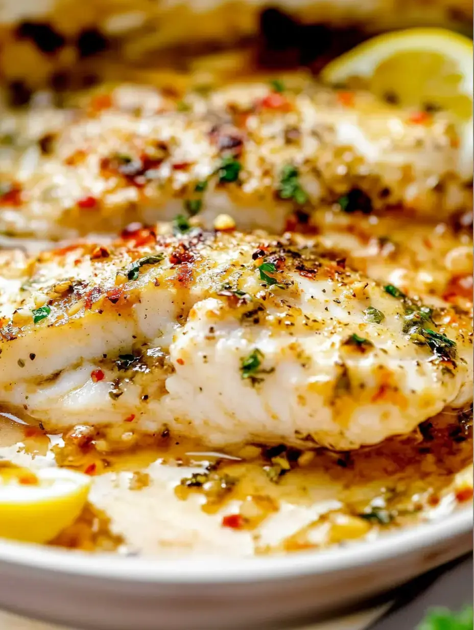 Gros plan de deux morceaux de poisson cuit au four assaisonnés d'herbes et d'épices, garnis de tranches de citron.