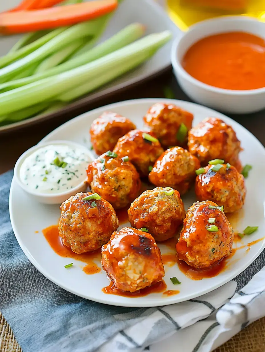 Une assiette de boulettes épicées nappées de sauce, accompagnées d'une sauce crémeuse et de bâtonnets de légumes frais.
