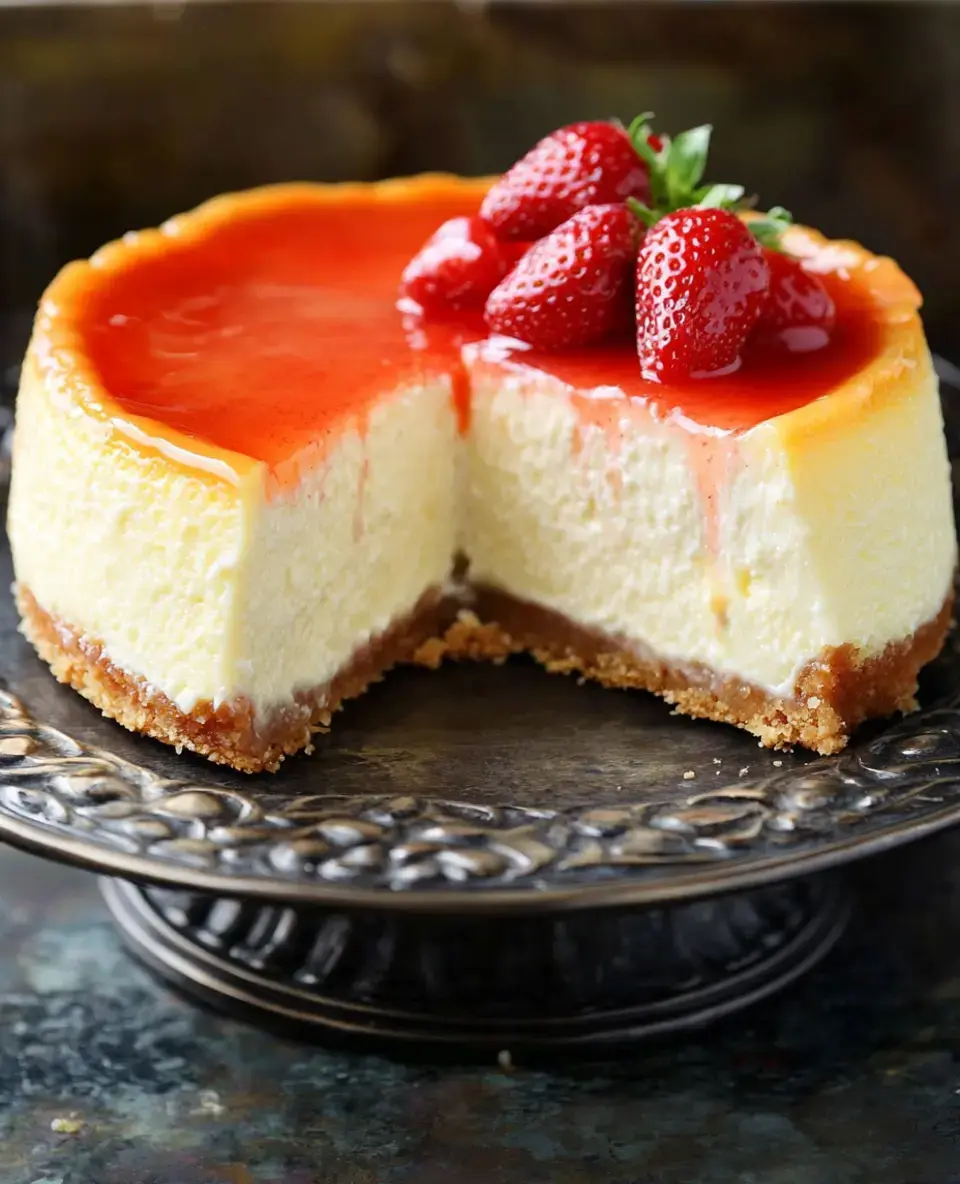 Un cheesecake tranché garni de nappage aux fraises et de fraises fraîches posé sur un plat de service décoré.