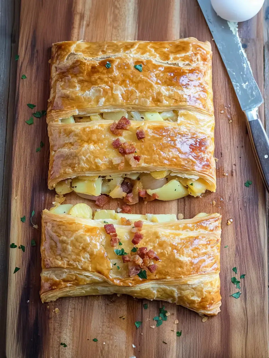 Un feuilleté fraîchement cuit garni de pommes de terre et de lardons, décoré d'herbes, présenté sur une planche en bois avec un couteau et un œuf.