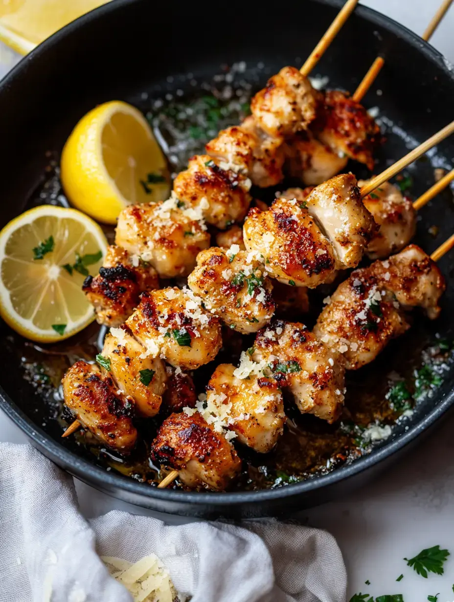 Brochettes de poulet grillées garnies de persil et servies avec des quartiers de citron dans une poêle noire.