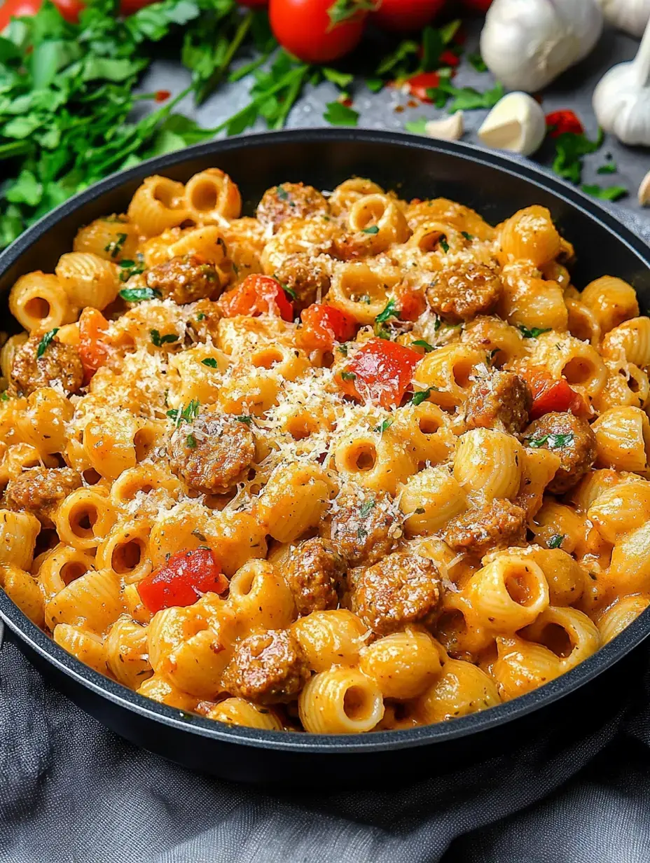 Un gros plan d'un bol de pâtes avec saucisse, tomates et fromage râpé, garni d'herbes, entouré de légumes frais.