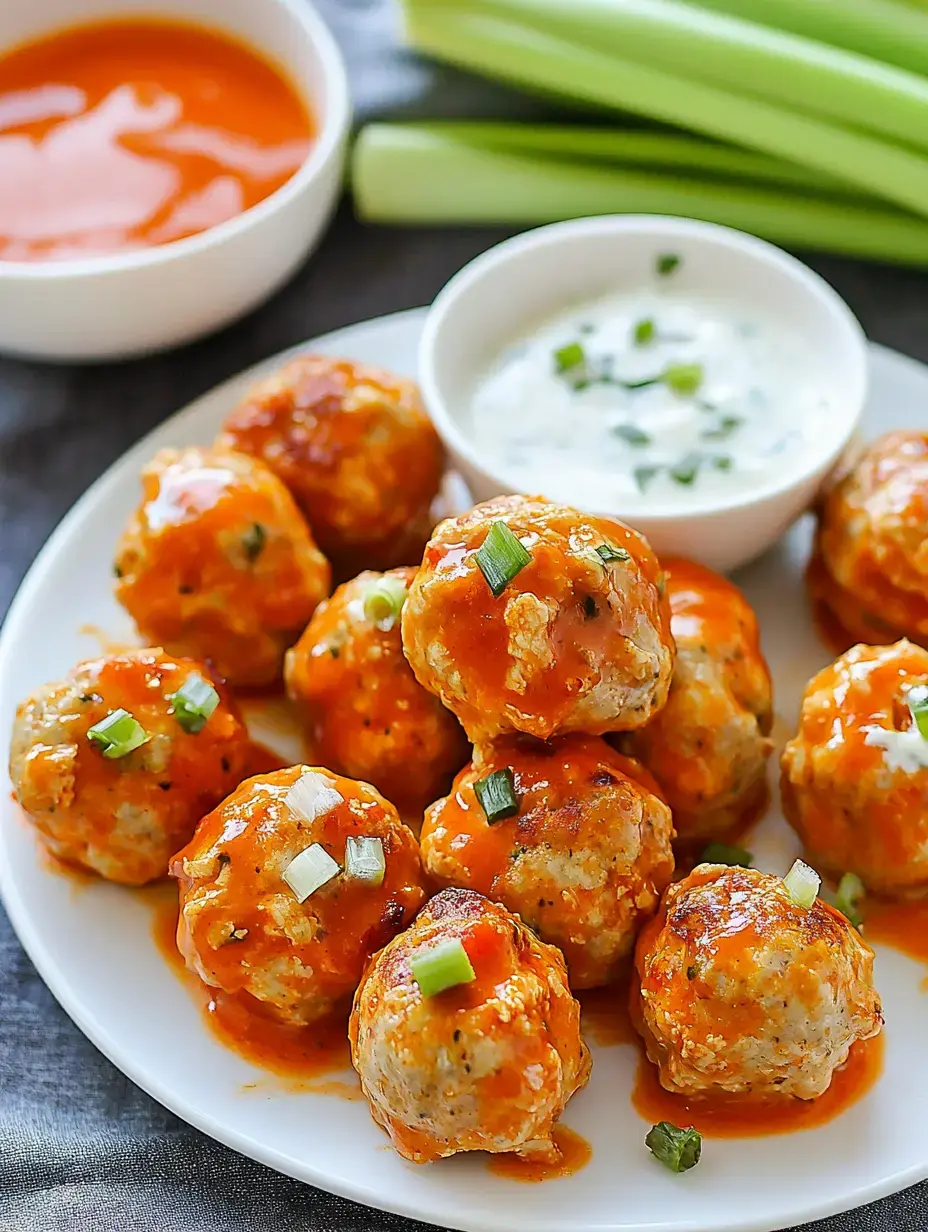 Une assiette de boulettes cuites enrobées de sauce Buffalo est garnie d'oignons verts, accompagnée de sauce ranch et de bâtonnets de céleri.