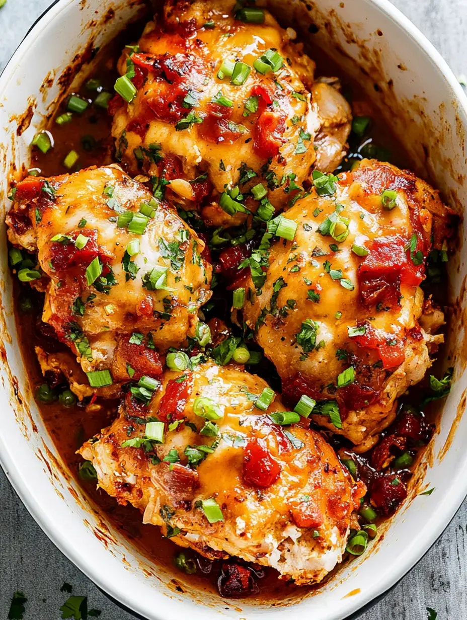 Un plat de cuisses de poulet au four garnies de fromage fondu, tomates en dés et oignons verts dans une sauce savoureuse.