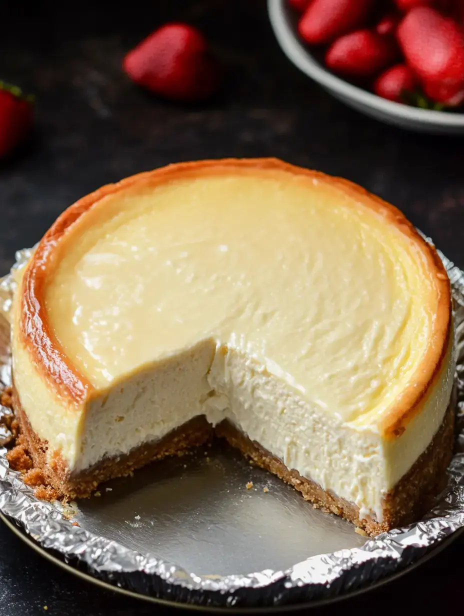 Un cheesecake crémeux avec une part retirée posé sur un plateau argenté, accompagné de fraises fraîches en arrière-plan.