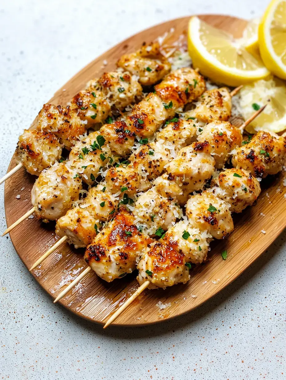 Brochettes de poulet grillées enrobées d'un assaisonnement doré, saupoudrées de persil et fromage, servies sur un plateau en bois avec des quartiers de citron.