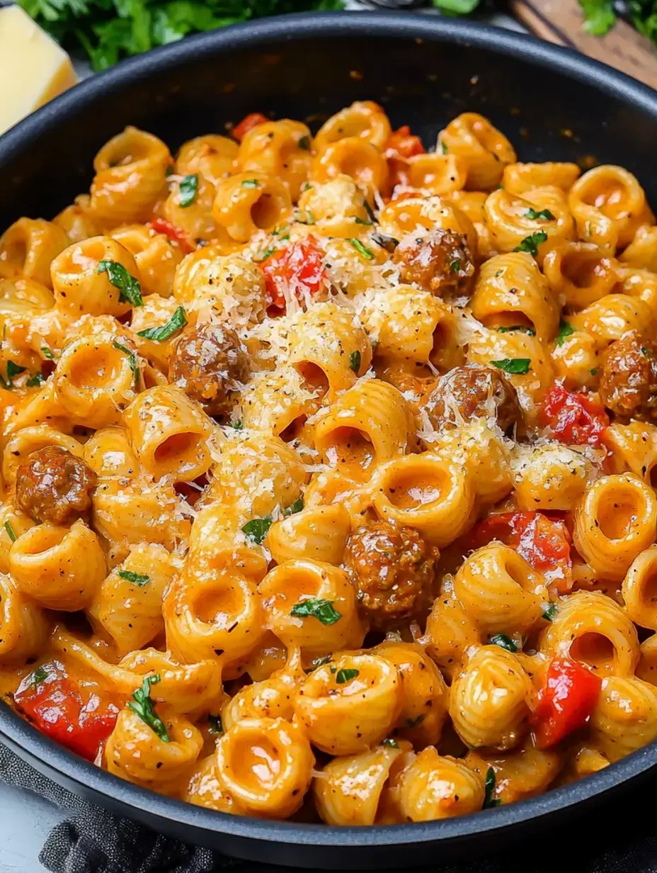 Un gros plan d'un bol de pâtes garni de boulettes de viande, poivrons rouges, herbes et saupoudré de fromage râpé dans une sauce crémeuse.