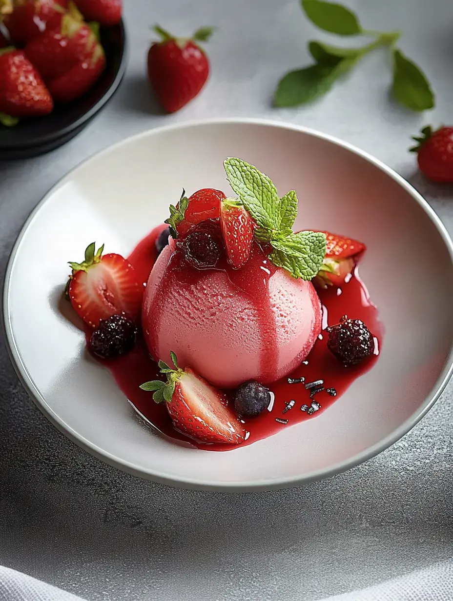 Une boule de dessert rose garnie de fraises fraîches, myrtilles et menthe, servie dans un bol avec un filet de sauce aux baies.