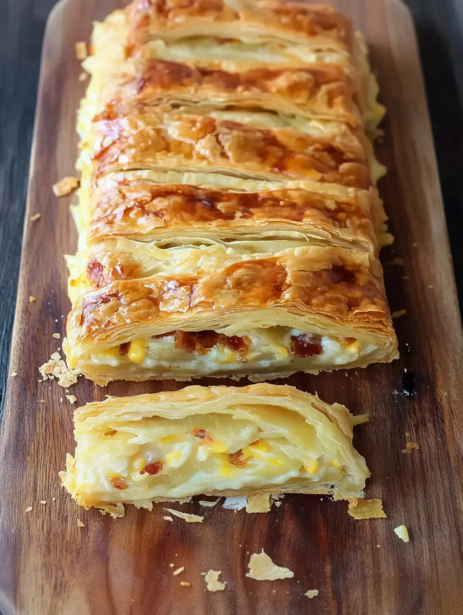Un pain feuilleté fraîchement cuit, tranché pour révéler une garniture crémeuse avec des morceaux de maïs et de lardons, présenté sur une planche à découper en bois.