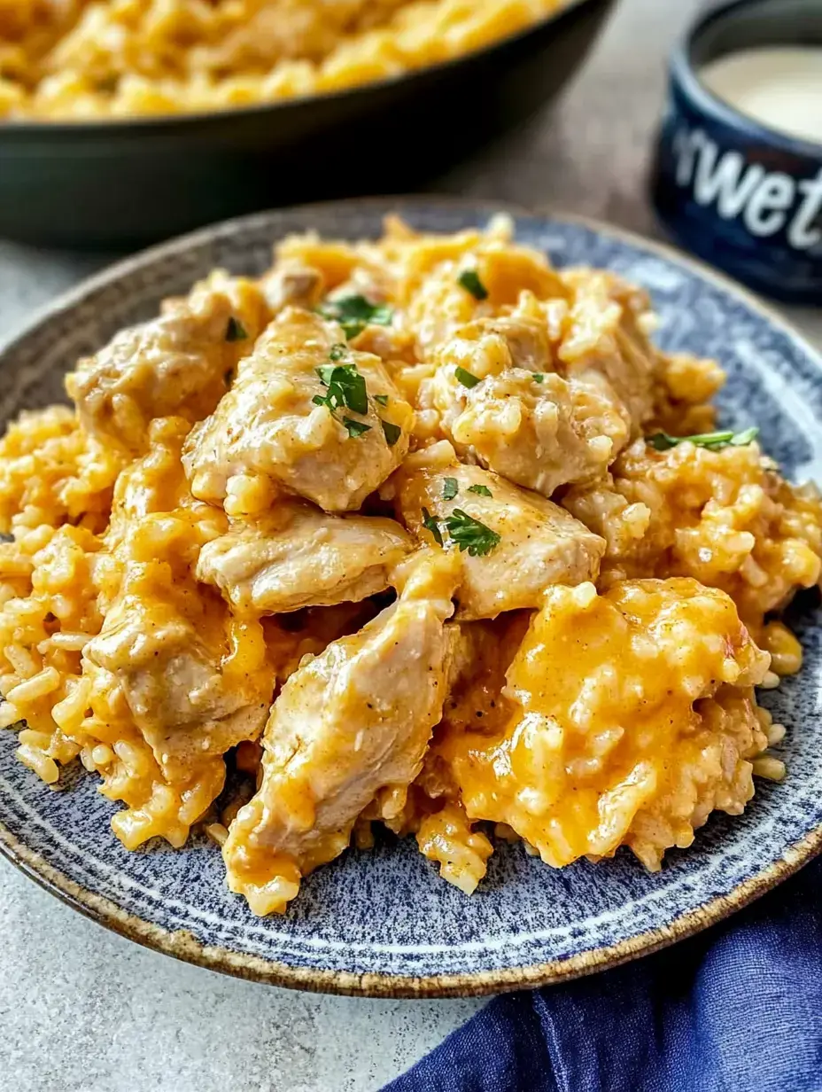 Une assiette de poulet crémeux et riz garnie de persil frais, avec une autre portion en arrière-plan.