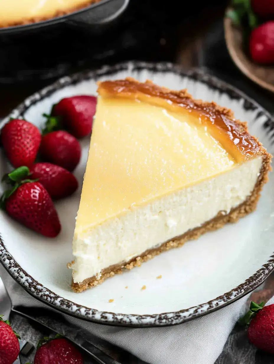 Une part de cheesecake crémeux avec un dessus doré servie sur une assiette avec des fraises fraîches.