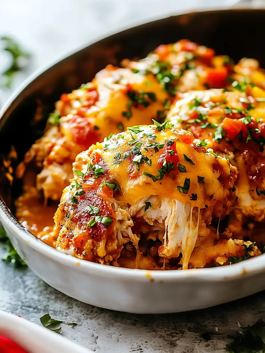 Un gros plan d'un plat de poulet gratiné garni de tomates en dés et de persil frais.