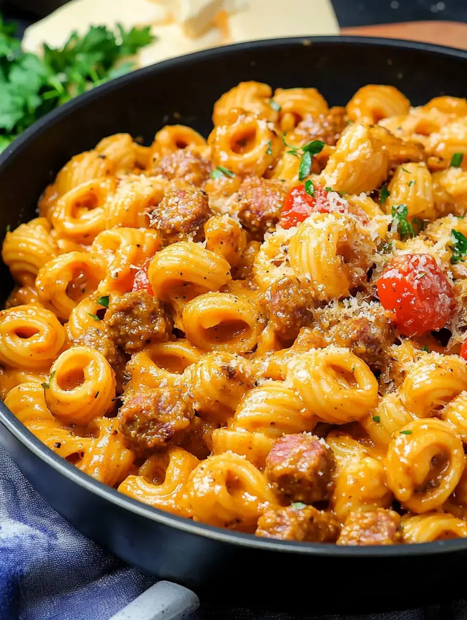Un gros plan d'un bol de pâtes crémeuses mélangées avec saucisse, tomates cerises et garnies de fromage râpé et herbes fraîches.
