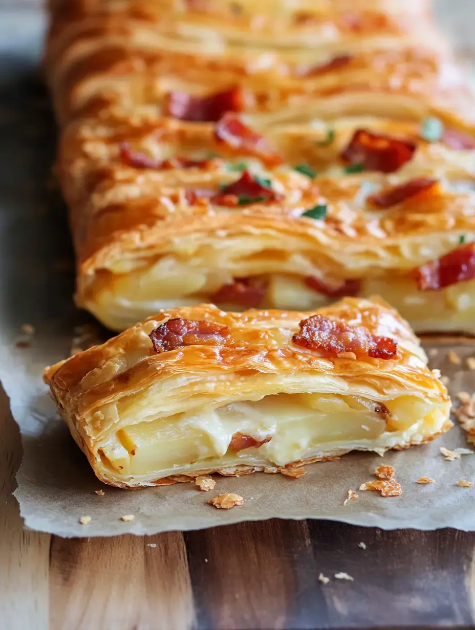 Un feuilleté garni de fromage crémeux et de petits morceaux de lardons, posé sur une surface en bois.