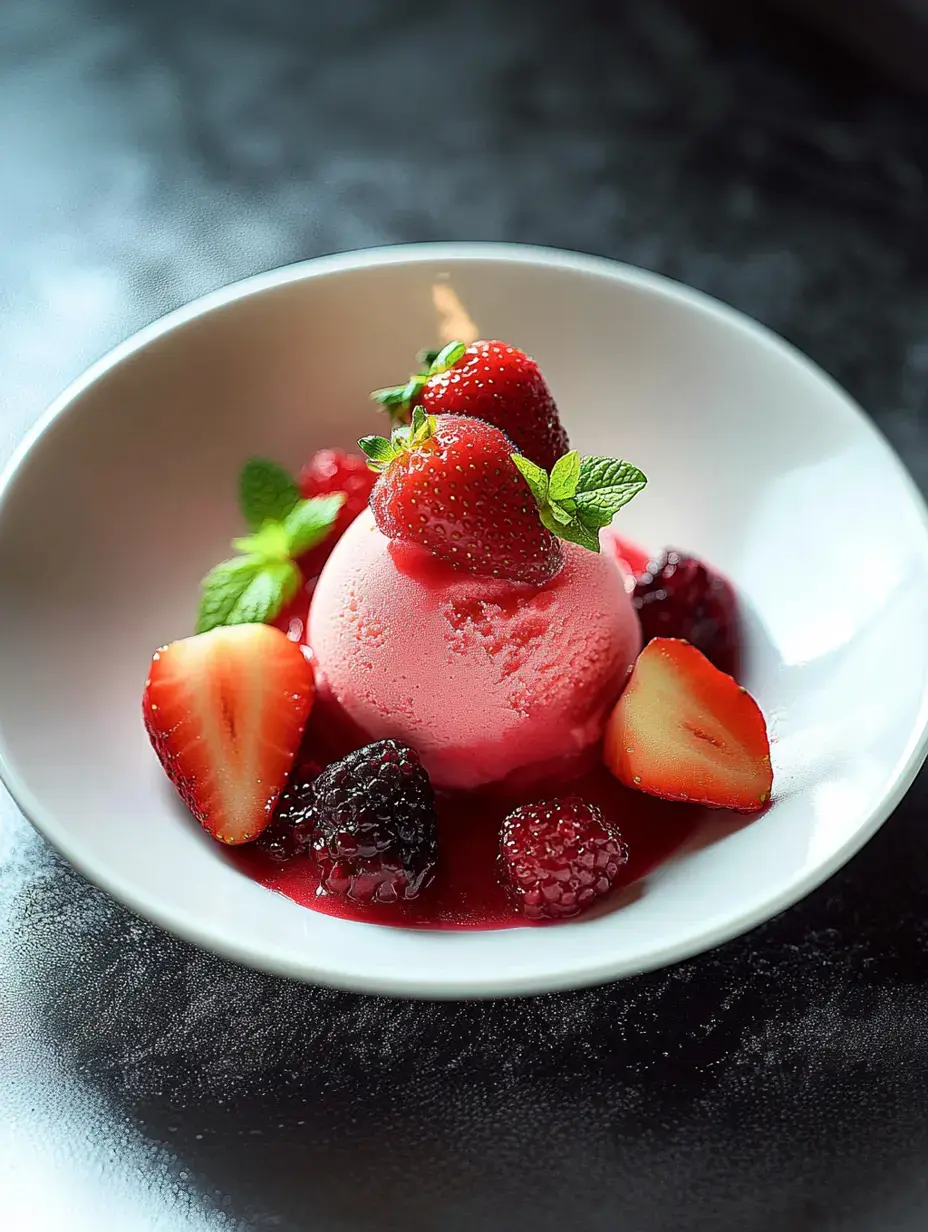 Un bol de glace rose aux fraises garni de fraises fraîches, feuilles de menthe et sauce aux baies, entouré de baies mélangées.